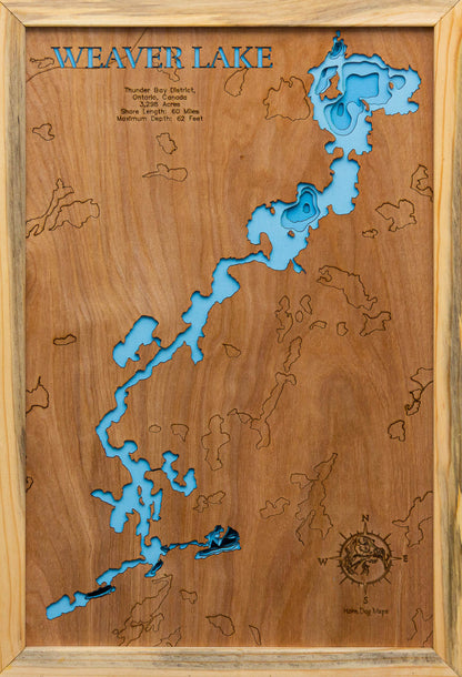 Custom wooden map of Weaver Lake in Thunder Bay District, Ontario, Canada with layered depth highlights.