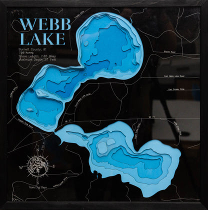 Webb Lake in Burnett County, WI custom 3D wood map, perfect for home decor and gifts.