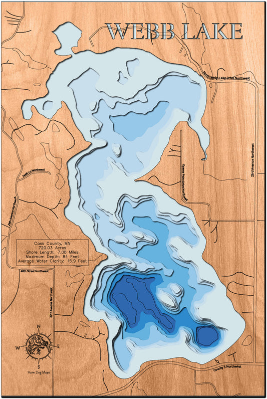 High-definition wooden relief map of Webb Lake in Cass County, MN, handmade for durability.