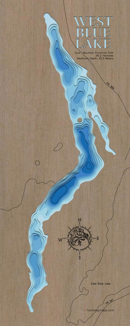 Laser-engraved relief map of 3D Wooden Lake Map of West Blue Lake in Manitoba, crafted from wood with high precision.