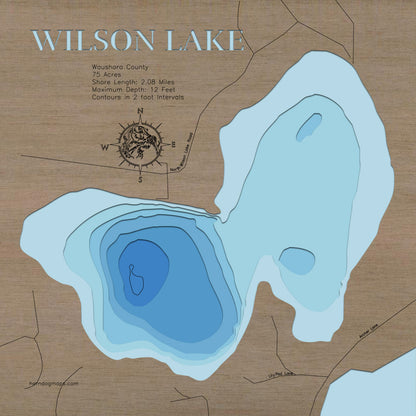 Unique wooden lake map of Wilson Lake in Waushara County, WI, featuring intricate depth details.