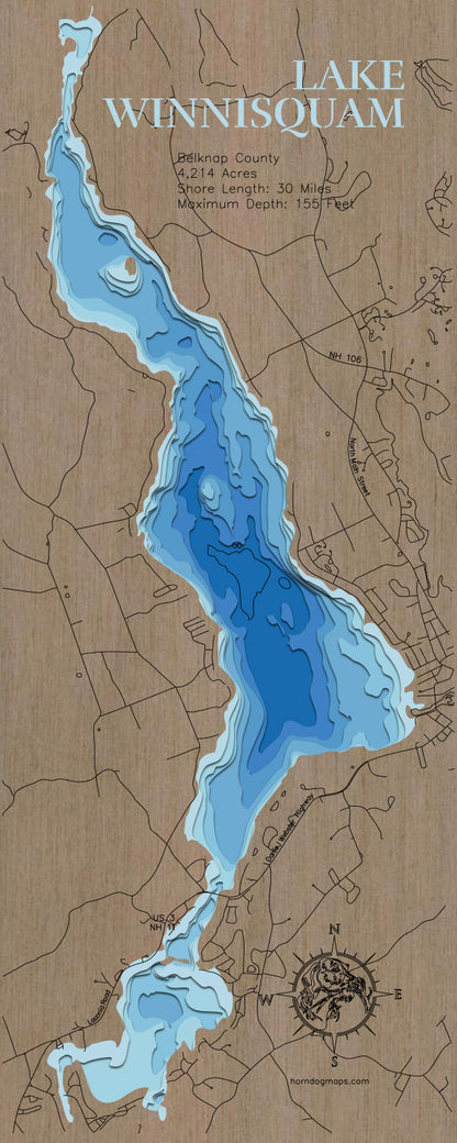 Laser-engraved relief map of Winnisquam Lake in Belknap County, NH, crafted from wood with high precision.