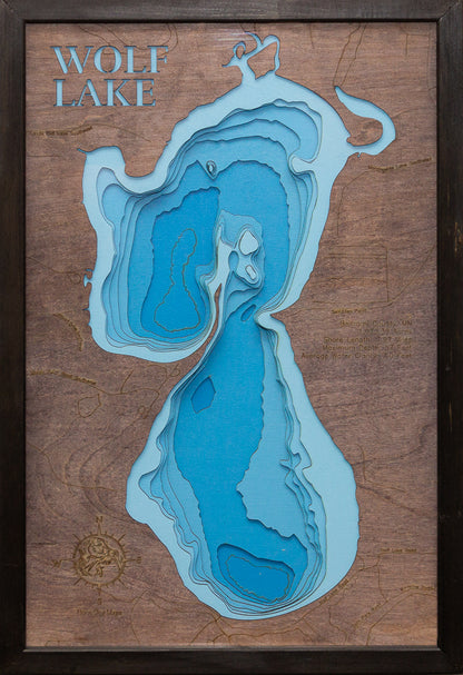 Detailed wooden relief map of Wolf Lake in Beltrami County, MN, showcasing its natural beauty.