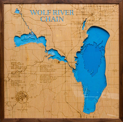 Detailed wooden relief map of Winnebago/Wolf River Chain in Wisconsin, showcasing its natural beauty.