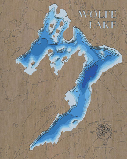 Laser-engraved relief map of 3d Lake Map of Wolfe Lake in Ontario, Canada, crafted from wood with high precision.