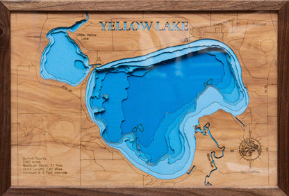 Detailed wooden relief map of Yellow Lake in Burnett County, WI, showcasing its natural beauty.