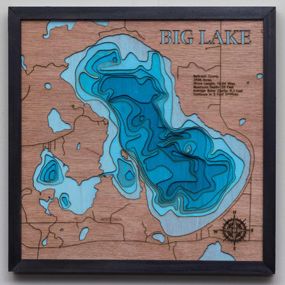 Exquisite wooden map of Big (Beltrami) - horn-dog-maps with detailed lakebed features.