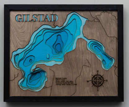 Decorative 3D wooden lake map of Gilstad (Beltrami) - horn-dog-maps, crafted with care.