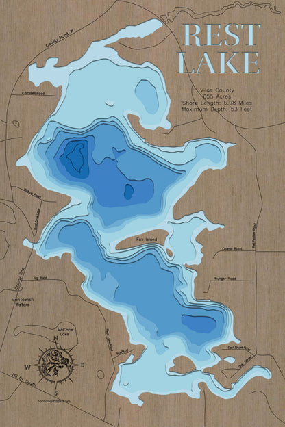 Detailed wooden relief map of Rest Lake in Vilas County, WI, showcasing its natural beauty.